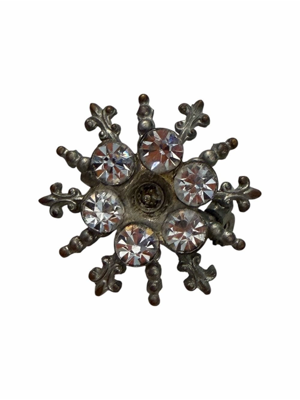 Atomic Era Brooch Starburst Snowflake Rhinestone Fleur-de-Lis Pin Mid‎ Century